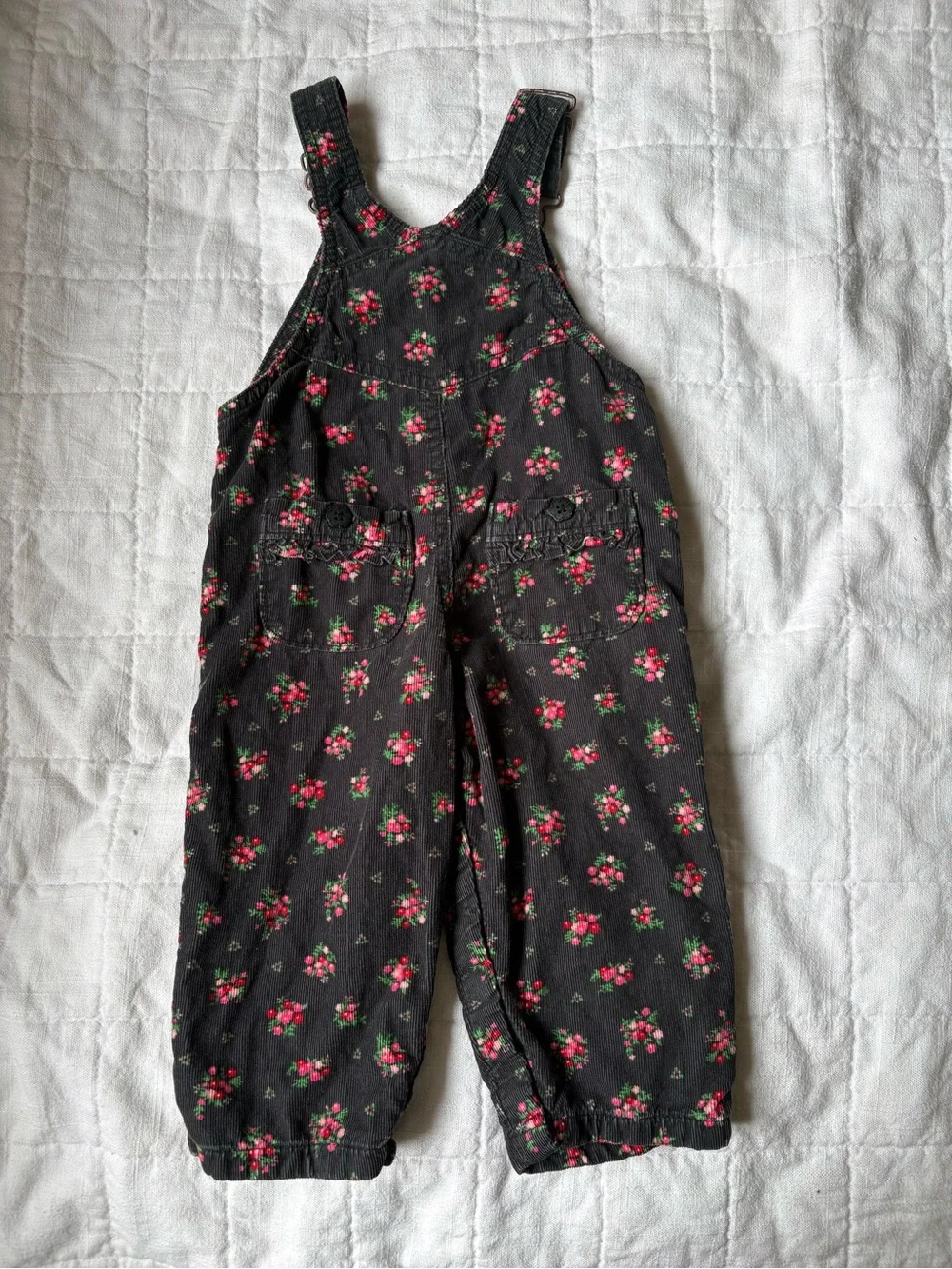 Vintage Osh Kosh Baby Girls Black Floral Overalls Pink Accents 12 Months